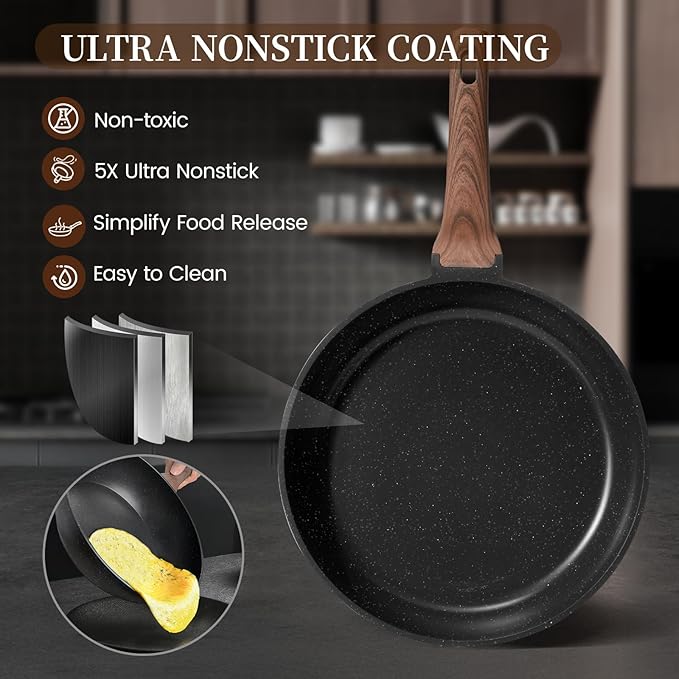 Kikcoin 16Pcs Pots and Pans Set Nonstick Ceramic Cookware Sets Induction Kitchen Cooking Set Non toxic Healthy Non Stick w/Grill Pan Saute Pan Black