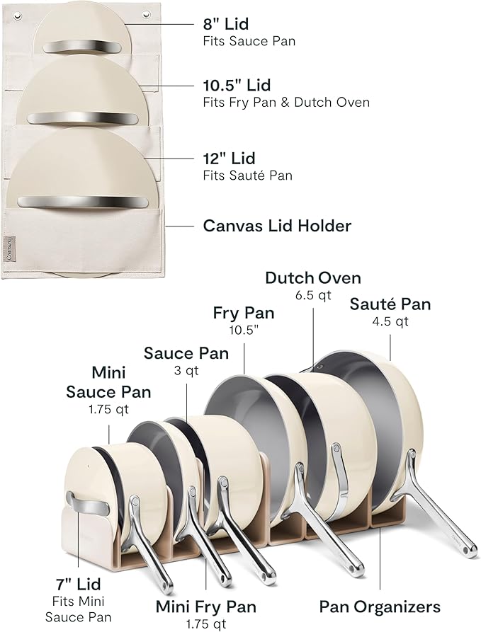 Caraway Deluxe Non-stick Ceramic Cookware Set (16 Piece) Pots Frying Pans Lids and Kitchen Storage - PFAS &amp PFOA Free - Oven Safe Pan Set &amp Compatible with All Stovetops - Cream