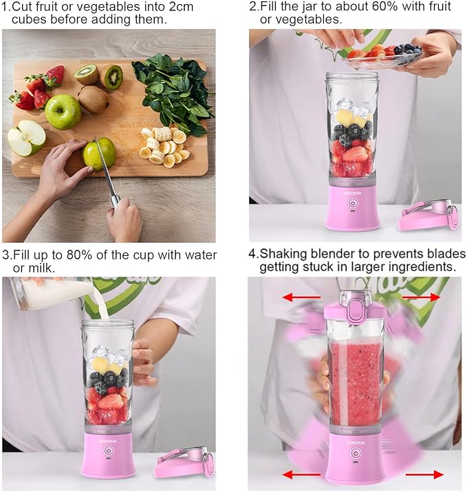 DENOKIN Portable Blender 20oz Vessel Cordless Personal Size Blend with 6 Blade and a Travel Lid (Purpleish Pink)