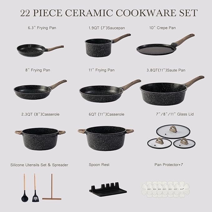 Ceramic Cookware Set 22 Piece Nonstick Pots and Pans Set Non Stick Kitchen Cooking Sets 8Frying Pans with LidBlack Granite Non-Toxic Induction Kitchen Cookware w/Glass Lids PFOS/PFOA-Free