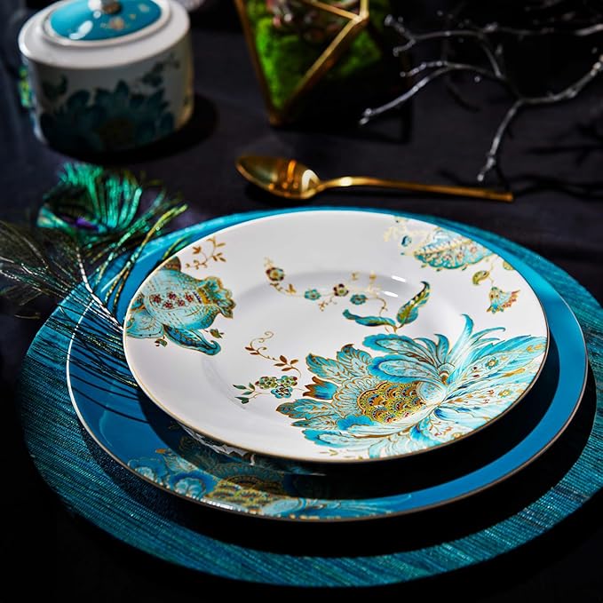 222 Fifth 16-Piece Porcelain Dinnerware Set for 4 Elegant Floral Plates and Bowls Sets-White Teal Gold Ceramic Dishes Chip Resistant Kitchen and Dining Dish Set Microwave &amp Dishwasher Safe E