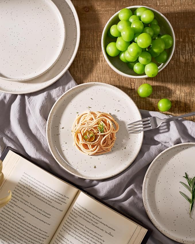 Famiware Meteor Plates and Bowls Sets 24-Piece Stoneware Dinnerware Sets Dishes Set for 8 Microwave and Dishwasher Safe Tableware Creamy White
