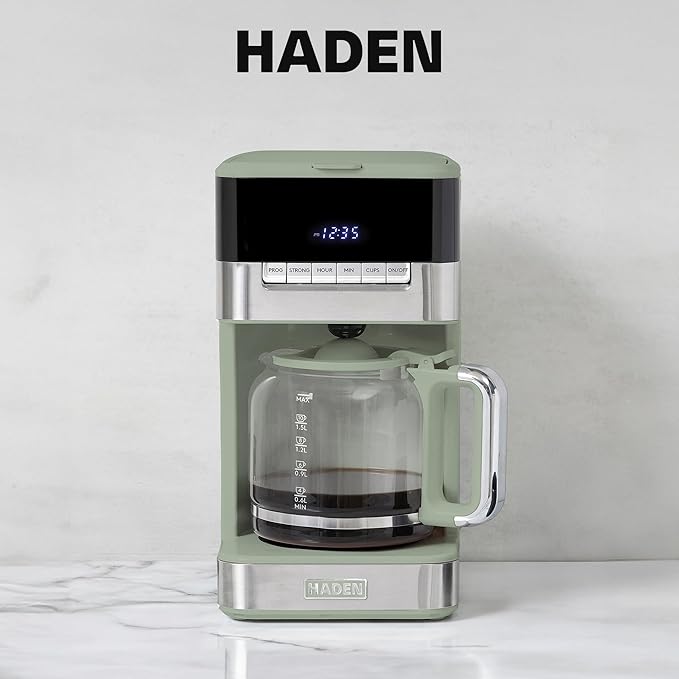 Haden Coffee Machine 12-Cup Programmable Drip Coffee Maker with Auto Shut-Off Function and Reusable Washable Water Filter Green &amp Chrome