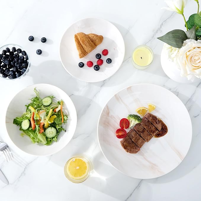 Bestone 12 Pieces Round Kitchen Dinnerware SetsPlates and Bowls setsDishes Plates Bowls Dish SetPlates and BowlsService for 4 Orange and White Marble