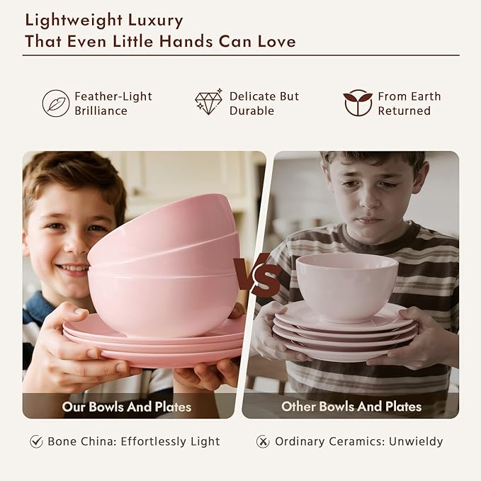 KINGSTONE Bone China Dinnerware Sets 18-Piece Dinnerware Set for 6 Lightweight Durable Dishwasher Safe Tableware for Daily Use with Elegant Design Pink