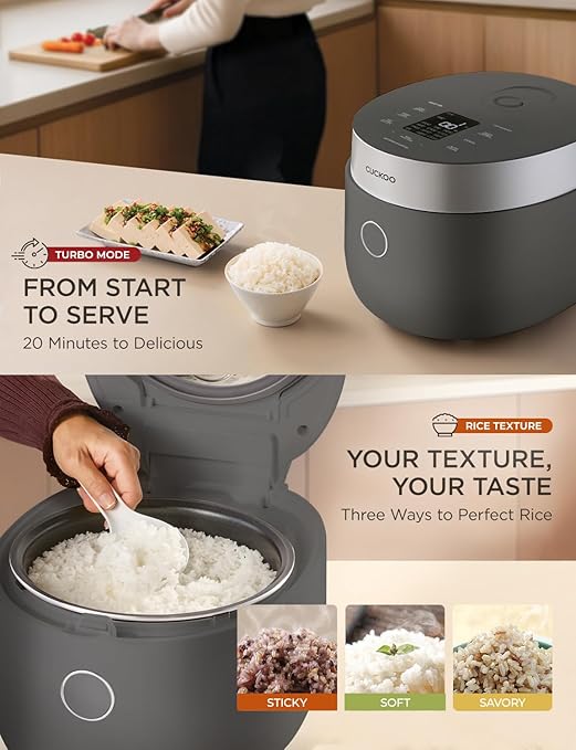 CUCKOO Non-Pressure Rice Cooker 8-Cup Uncooked / 16-Cup Cooked with Induction Heating Technology Versatile Rice Maker with 12 Menu Options and Steam Plate Voice Guide Gray (CR-HA0810FG)
