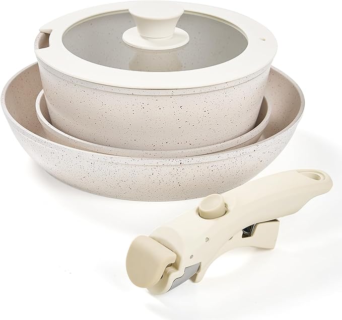5pcs Pots and Pans Set Nonstick Cookware Detachable/Removable Handle Induction RV Kitchen Set Oven Safe ＆ Dishwasher ＆ Heat Evenly for Better Cooking