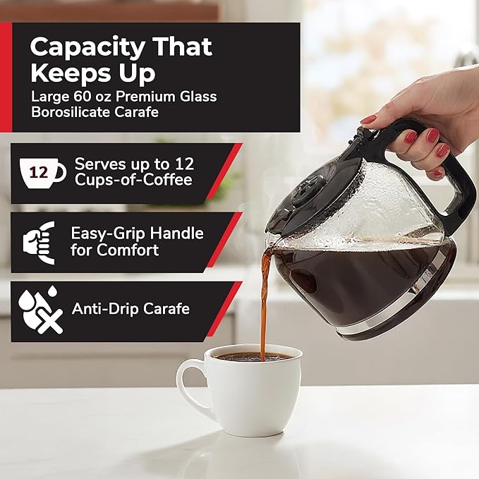 Mueller 12-Cup Drip Coffee Maker - Borosilicate Carafe Auto-Off Reusable Filter Anti-Drip Keep-Warm Function Clear Water Level Window Coffee Machine Kitchen Essentials &amp Accessories