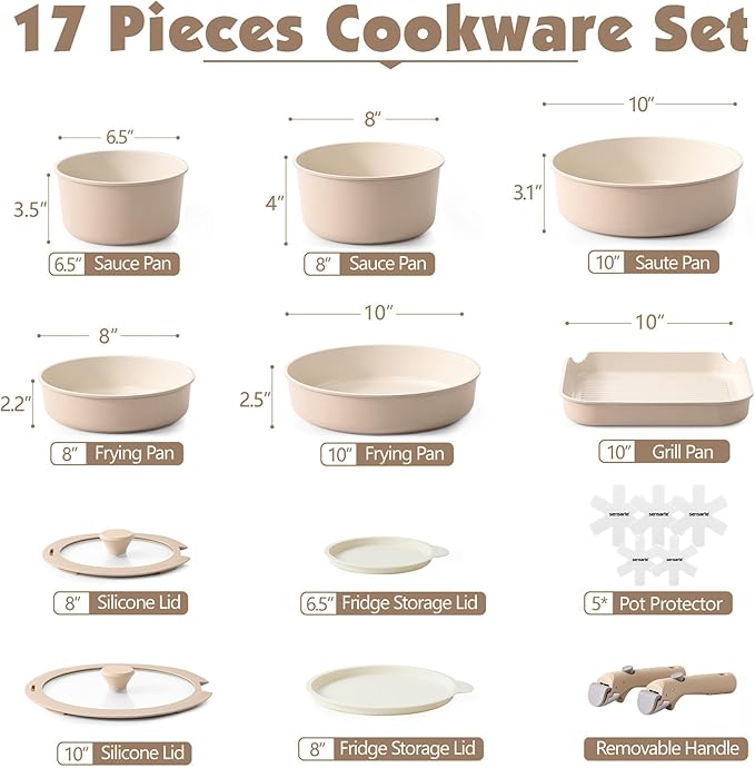 SENSARTE 17 Piece Ceramic Pots and Pans SetDishwasher ＆ Oven SafeSENSARTE 4.5QT Ceramic Nonstick Stock Pot with LidPFOA PFAS PTFE Free
