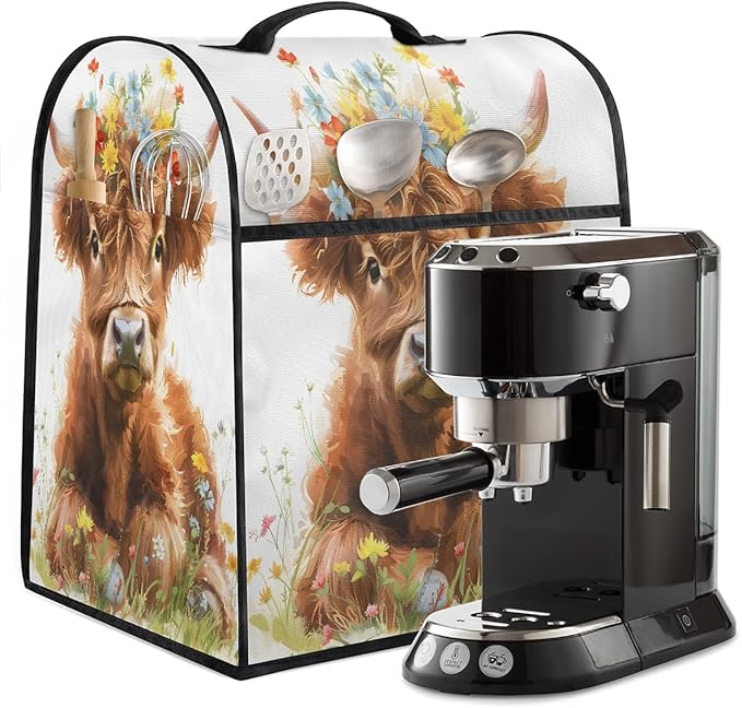 Kitchen Aid Mixer Cover Florals Highland Flower Cow Stand Mixer Cover Compatible with 6-8 Quarts Stand Mixers Dust Covers with Zipper Pocket Foldable Washable Kitchen Aid Organizer Bag