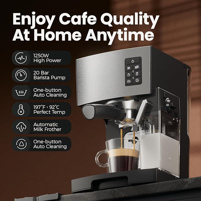 Espresso Machine 20 Bar - Espresso &amp Coffee Maker with Automatic Milk Frother Cappuccino Machine Latte Maker for Home office 1250W