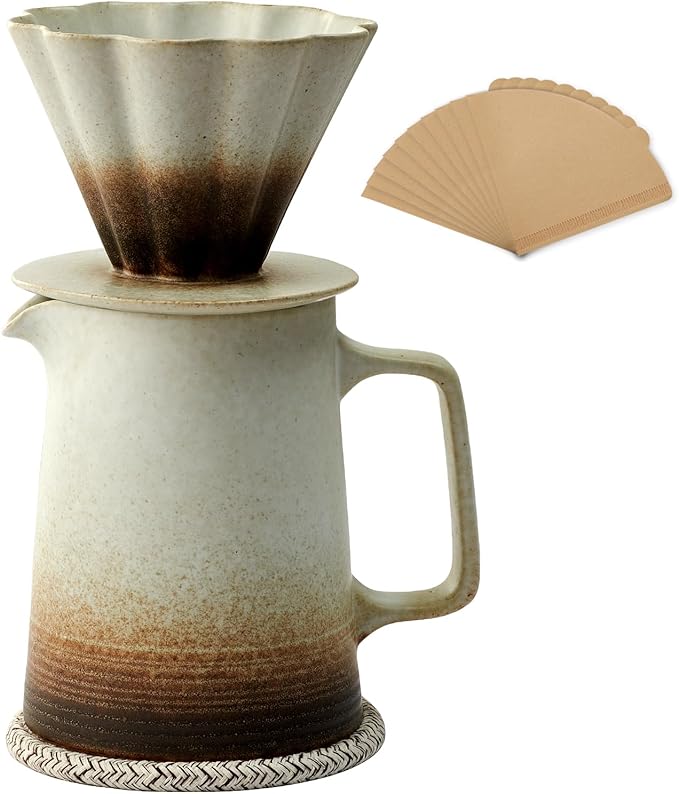 Pour Over Coffee Maker Ceramic Coffee Dripper with 40pcs V02 Paper Filter &amp Coaster 18.2oz/540ml Flower Shape Pour Over Coffee Filter set (Brown Gradient Set)