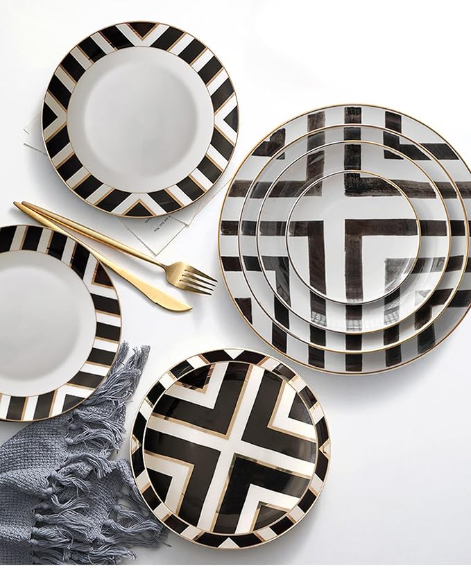 Bone china dinnerware set for 2 Plates set with dessert plates (6.5&amp8 inch) and dinner steak plate(10.5&amp12 inch) dishes set for home and kitchen black and gold line pattern series