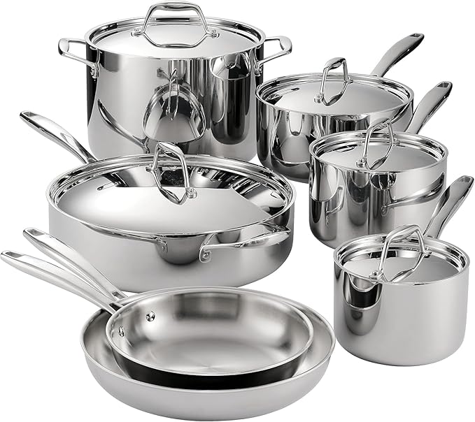 Trammantina Tri-Ply Clad Stainless Steel 12-Piece Cookware Set with Lids Pots and Pans Kitchen Set Induction-Ready Dishwasher-Safe NSF-Certified