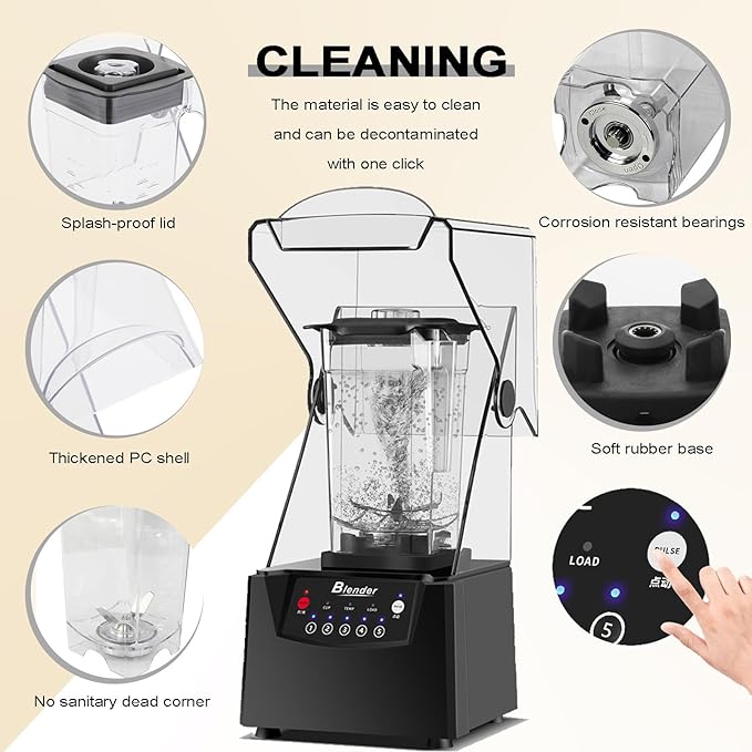 Quiet Commercial Blender With Soundproof Shield 2200 Watt Professional Blenders For Kitchen With 6-Blade Diamond Turbine Cutter And Self-Cleaning For Juice Bars/Household Smoothie Making