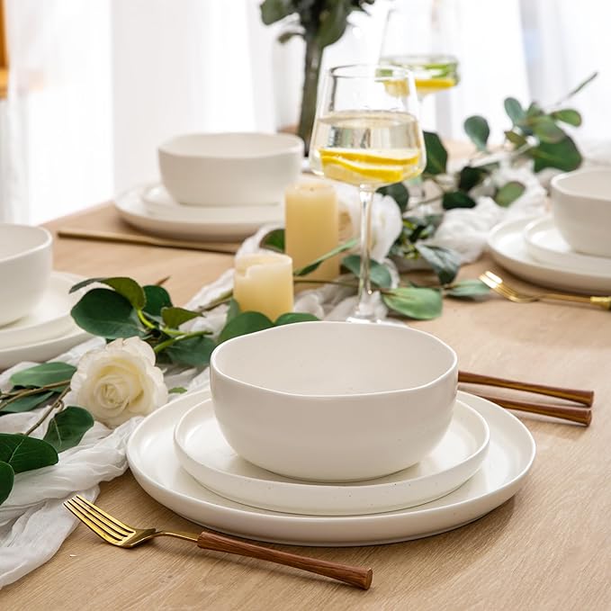 AmorArc Ceramic Dinnerware Sets Wavy Rim Stoneware Plates and Bowls SetsDishwasher &amp Microwave &amp Oven Safe Dishes set Service for 4 (12pc)-Matte Speckled White