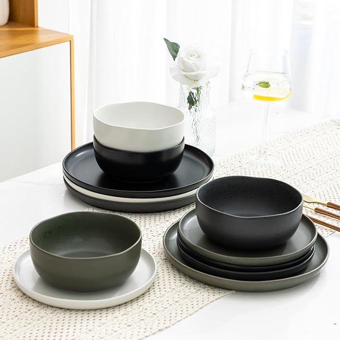 AmorArc Ceramic Dinnerware Sets Wavy Rim Stoneware Plates and Bowls SetsDishwasher &amp Microwave &amp Oven Safe Dishes set Service for 4 (12pc)-Mix Color