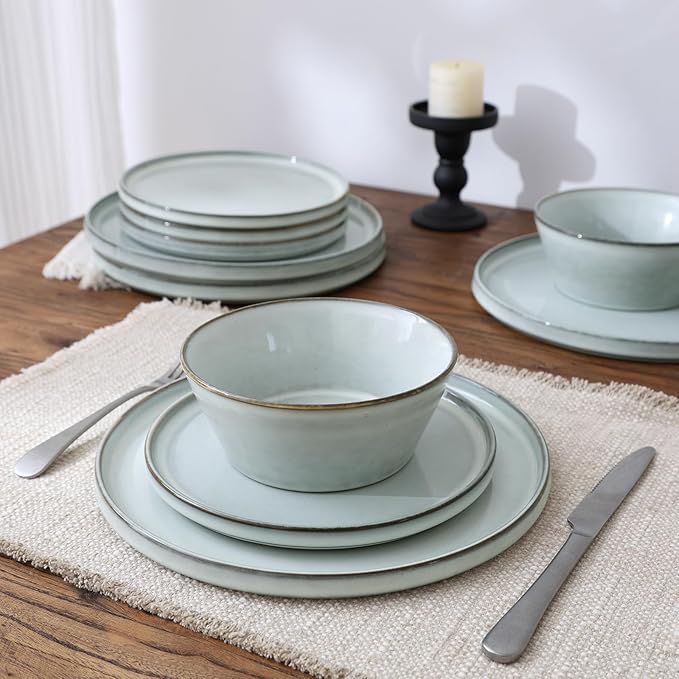Famiware Annecy Dinner Plates and Bowls Sets Stoneware Dinnerware Sets Dishes Set for 6 18 Pieces Handmade Dishware Set - Microwave &amp Dishwasher Safe Double Reactive Glaze Tableware Grey-Blue