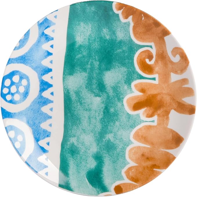 18-Piece Ceramic Dinnerware Set – Round Plates and Bowls with Colorful Patterns Microwave &amp Dishwasher Safe Tableware for 6 (Golen Blue)
