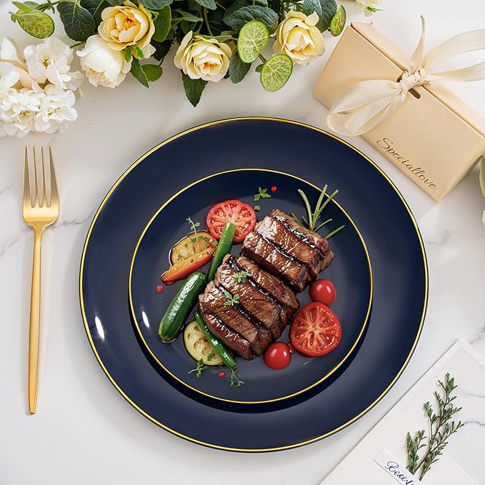 bUCLA 150PCS Blue and Gold Plastic Plates - 25 Guests Navy Blue Plastic Dinnerware Disposable for Party and Passover - Include 25 Dinner/Dessert Plates 25 Knives 25 Forks 25 Spoons 25 Cups