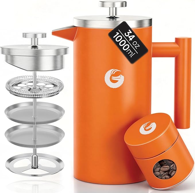 Coffee Gator French Press Coffee Maker 34oz Double Insulated Stainless Steel Brewer plus Travel Jar Canister Portable Hot Cold Brew Tea for Coffee Bar Accessories Kitchen Camping Orange