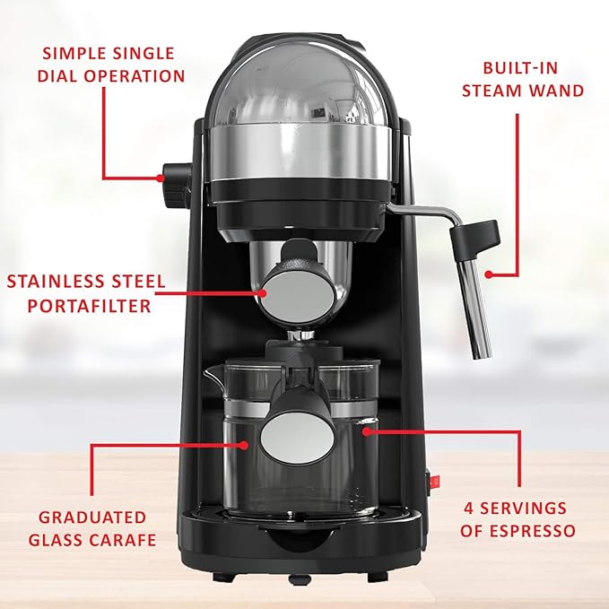 4 Cup Espresso and Cappuccino Maker with Steam Wand – Compact Coffee Machine with Milk Frother and Stainless Steel Filter Black