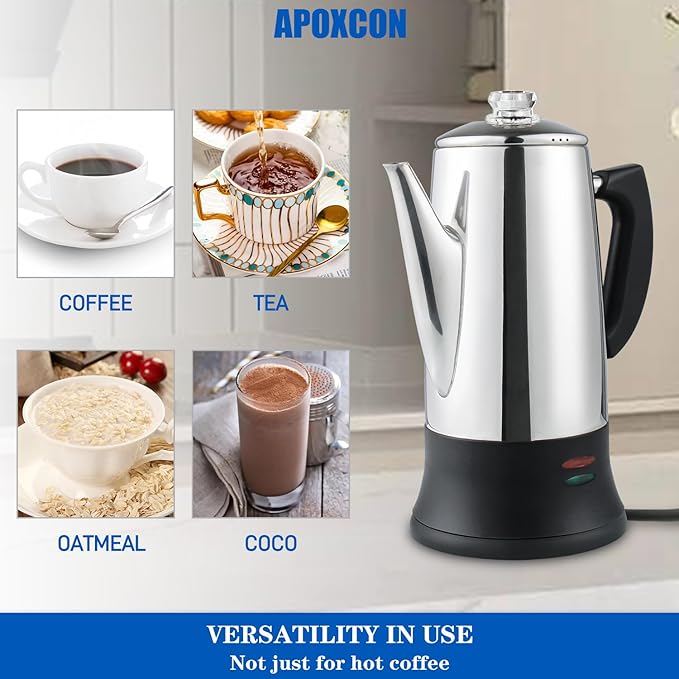 Electric Coffee Percolator Stainless Steel Coffee Maker with Heat Resistant Tough Glass Clear Brew Progress Knob Keep Warm &amp Cordless Serving Classic Coffee Pot with On/OFF Switch 12 Cup