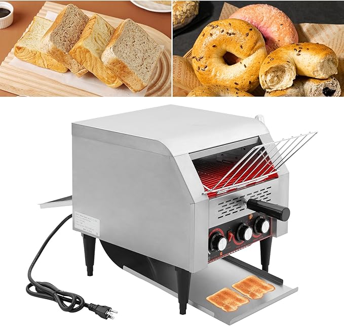 Commercial Toaster 300 Slices/Hour Electric Conveyor Toaster Heavy Duty Stainless Steel Toaster Conveyor with Handle 1900W 110V Restaurant Conveyor Toaster for Store Home Kitchen Silver