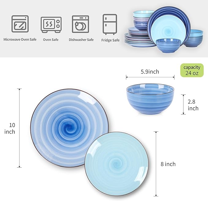 Selamica Ceramic Dinnerware Sets for 6 18 Pieces Plates and Bowls Set Scratch Resistant Dishes Set Handpainted Swirl with Spot Dishwasher &amp Microwave Safe Gradient Blue