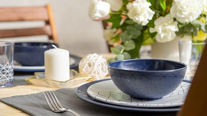 bzyoo BPA-Free Dishwasher Safe 100% Melamine Plate &amp Bowl Set for Casual dining Indoor and Outdoor Dining Party (12 PCS Dinnerware set 6pc Tumbler Bundle Set Spidy French Navy)