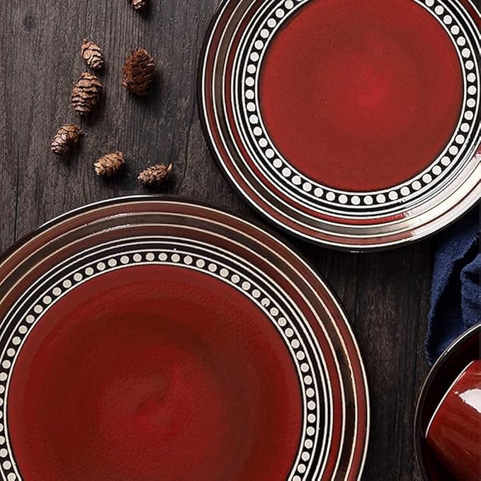 Elegant Dinnerware Set Dinner Plates Bowls Set 4-Piece Dinnerware Sets Retro Porcelain Tableware Set with Plates Bowls and Mugs Red Ceramic Dinner Set for Home Kitchen &amp Dining