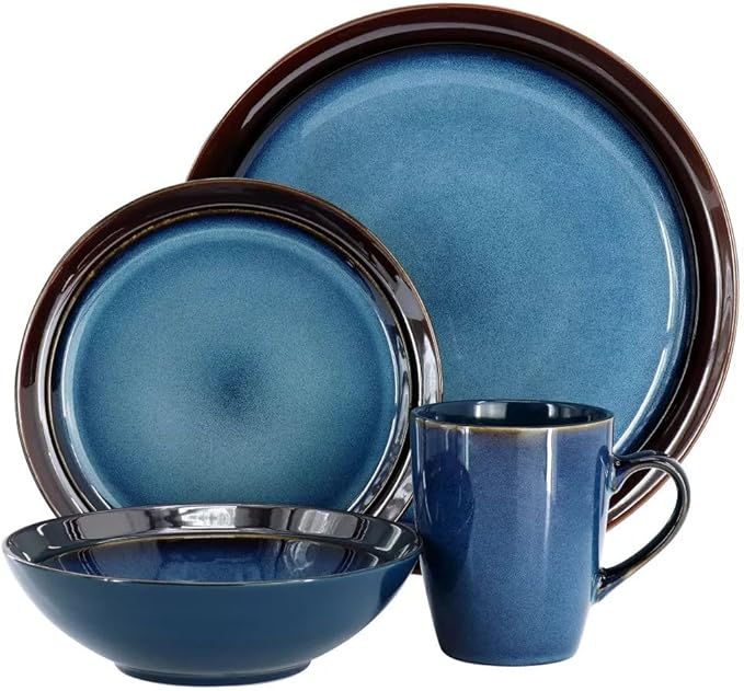 Priya 16 Piece Reactive Glaze Stoneware Dinnerware Set Service for 4 Plates and Bowls Microwave &amp Dishwasher Safe (Blue)