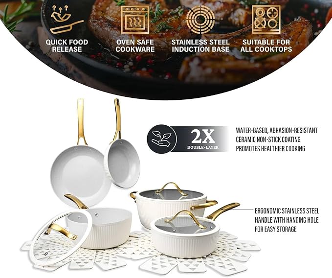 12 Pc Ceramic Cookware Set Nonstick Pots Pans and Fry Pans – Ceramic Non-Stick Ribbed Cookware Set Ergonomic Stay Cool Handles 446°F Oven Safe Dishwasher Safe (White)