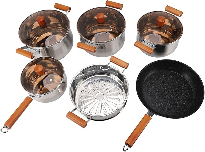 Kitchen Cookware Set Cookware Set Rustproof Wooden Handle Even Heating for Steaming Boiling Making Soup