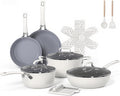 Ammeloo 15-Piece Ribbed Ceramic Cookware Set Pots and Pans Set Non Stick Induction Ready Healthy Non Toxic Kitchen Cooking Set PFAS/PFOA/PTFE-Free Silicone-wrapped Stay-Cool Handle