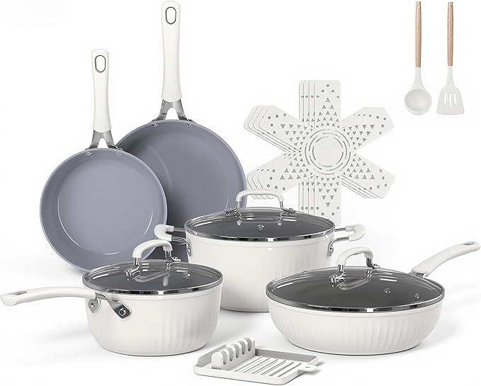 Ammeloo 15-Piece Ribbed Ceramic Cookware Set Pots and Pans Set Non Stick Induction Ready Healthy Non Toxic Kitchen Cooking Set PFAS/PFOA/PTFE-Free Silicone-wrapped Stay-Cool Handle