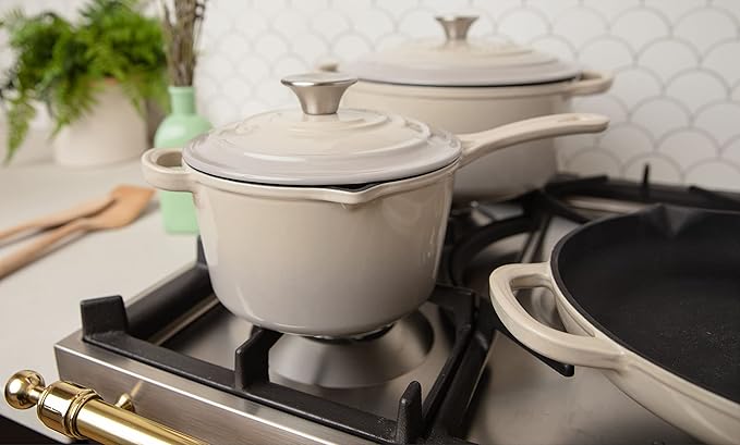 Larder &amp Vine 5-Piece Enameled Cast Iron Cookware Set - Includes 5.7 Quart Dutch Oven with Lid 10.25 Inch Skillet 2.2 Quart Saucepan with Lid (Stone)