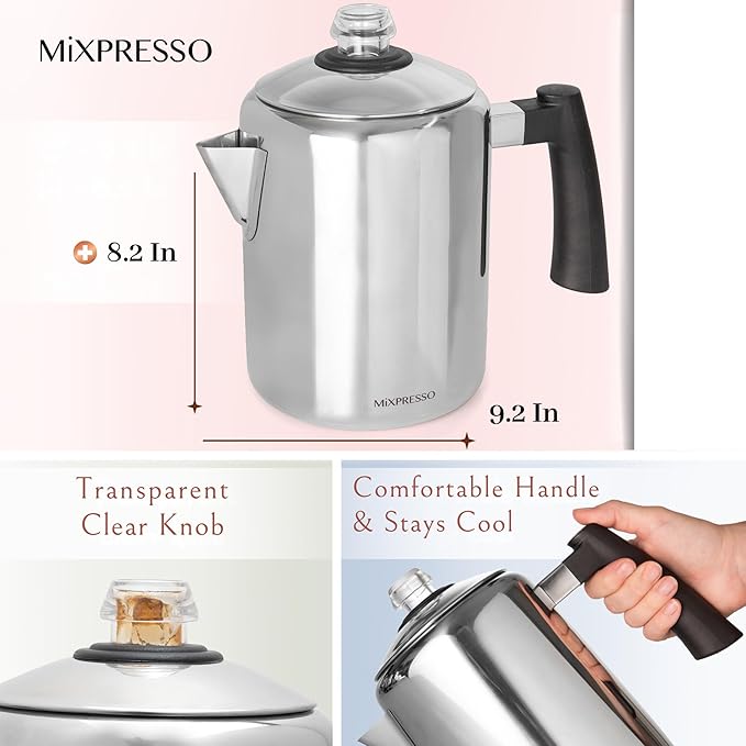 Mixpresso Stainless Steel Coffee Percolator Stovetop 37oz Classic Percolator Coffee Pot Great For Camping Pot 5-8 Cup Stove Top Espresso Maker Cool-Touch Handle