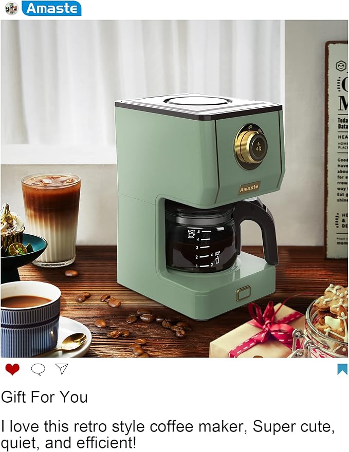 Amaste Drip Coffee Maker Coffee Machine with 25 Oz Glass Coffee Pot Retro Style Coffee Maker with Reusable Filter &amp Three Brewing Modes Warming Plate Matcha Green