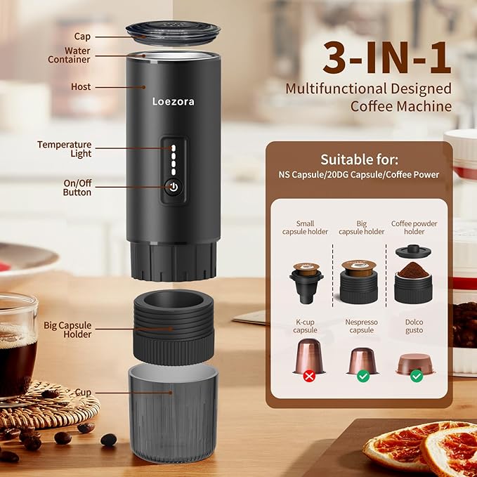 Stainless Steel Portable Espresso Maker – 20Bar 7500mAh Rechargeable 3-in-1 for Nespresso/DG Capsules &amp Ground Coffee Self-Heating Best Value for Camping Car Travel (Black)