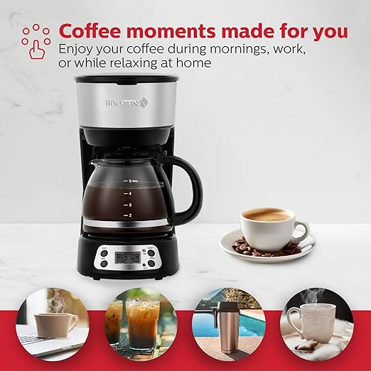 Holstein Housewares 5-Cup Programmable Coffee Maker 25oz Drip Coffee Machine with Auto Brew Timer Pause &amp Serve Compact Design – Perfect for Home Office &amp Dorm Use Black