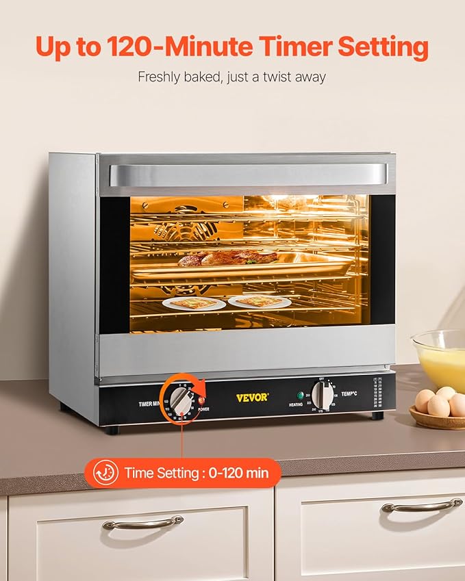 VEVOR Commercial Convection Oven 66L/60Qt Half-Size Conventional Oven Countertop 1800W 4-Tier Toaster w/Front Glass Door w/Trays Wire Racks Clip Gloves 120V