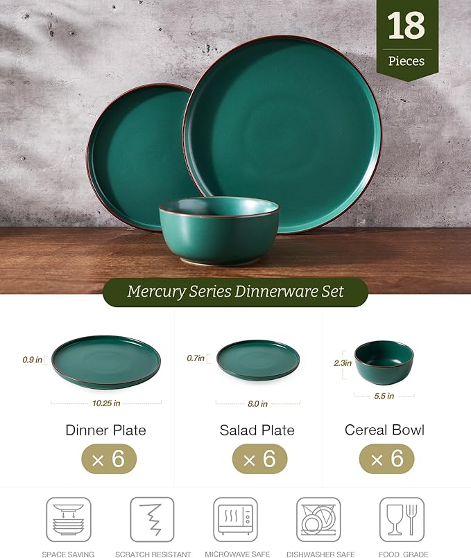 Famiware Mercury Plates and Bowls Sets 18 Pieces Stoneware Dinnerware Sets Dishes Set for 6 Microwave and Dishwasher Safe Dark Green