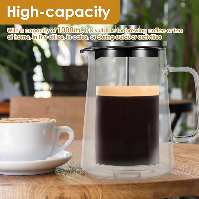 350/650/1000ml Double Wall Glass French Press Coffee Maker Multifunctional French Press Tea Maker Clear Coffee Press Large Capacity French Press for Camping(transparent color-1-1000ML-Light)