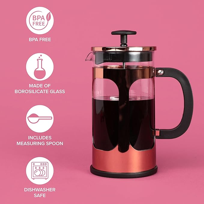 Farberware French Press Coffee Maker Tea &amp Espresso Maker Stainless Steel Cold Brew Press Heat-Resistant Borosilicate Glass BPA-Free Measuring Spoon Included 8 Cup Capacity (Rose Gold)