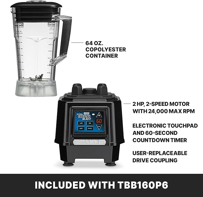 Waring Commercial TBB160P6 TORQ 2 Horsepower Blender Electronic Keypad with 60-Second Countdown Timer and a 64 oz. BPA Free Copolyester Container 120V 5-15 Phase Plug