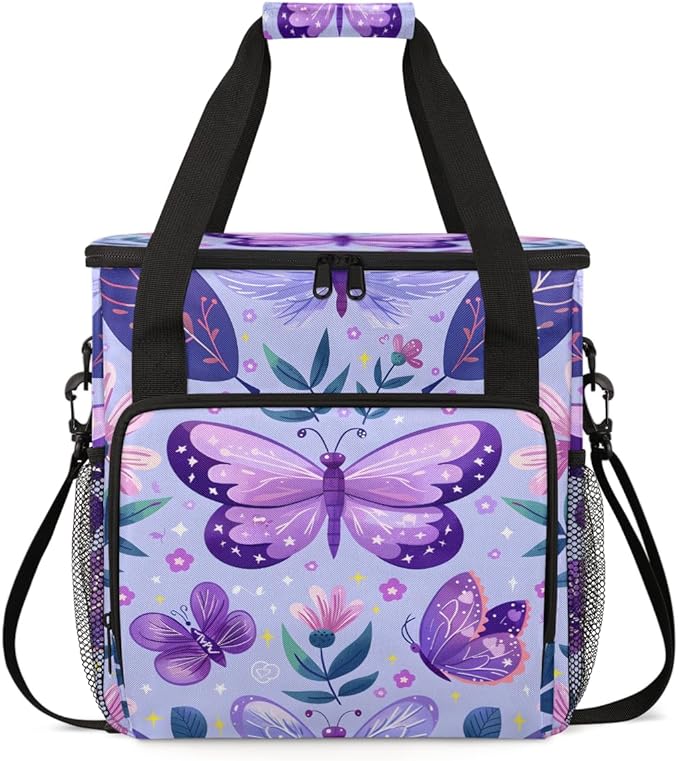 Purple Butterfly Travel Coffee Maker Carrying Bag Butterflies Rustic Floral Large Organizer Storage Tote Bag Insulated Reusable Cooler Lunch Bags