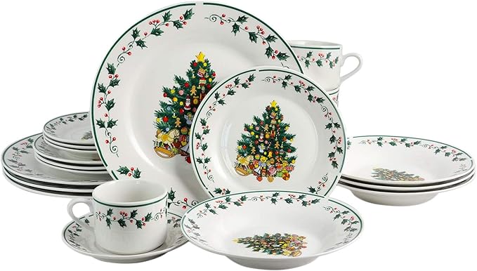 Unknown1 Cozy Christmas Tree Fine Ceramic 20 Piece Decorated Dinnerware Set White Holiday Casual Round Microwave Safe