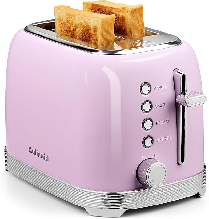 Toaster 2 Slice Retro Stainless Steel with 1.5” Extra Wide Slots Bagel Defrost Reheat Cancel Functions 6 Bread Shade Settings Removable Crumb Tray Pastel Pink