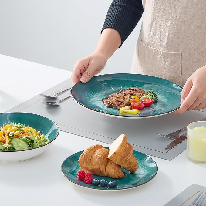 Bestone Porcelain Dinnerware Sets Service for 4 12 pcs Hand drawn Plates and Bowls Sets Handmade Ceramic Dish Set Chip Resistant Modern Plate Set Dishwasher/Microwave SafeStarburst Green
